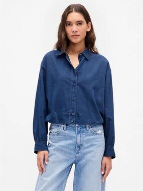 Gap Shirt Women M Petite Cropped Bubble Hem Button Down shirt Indigo